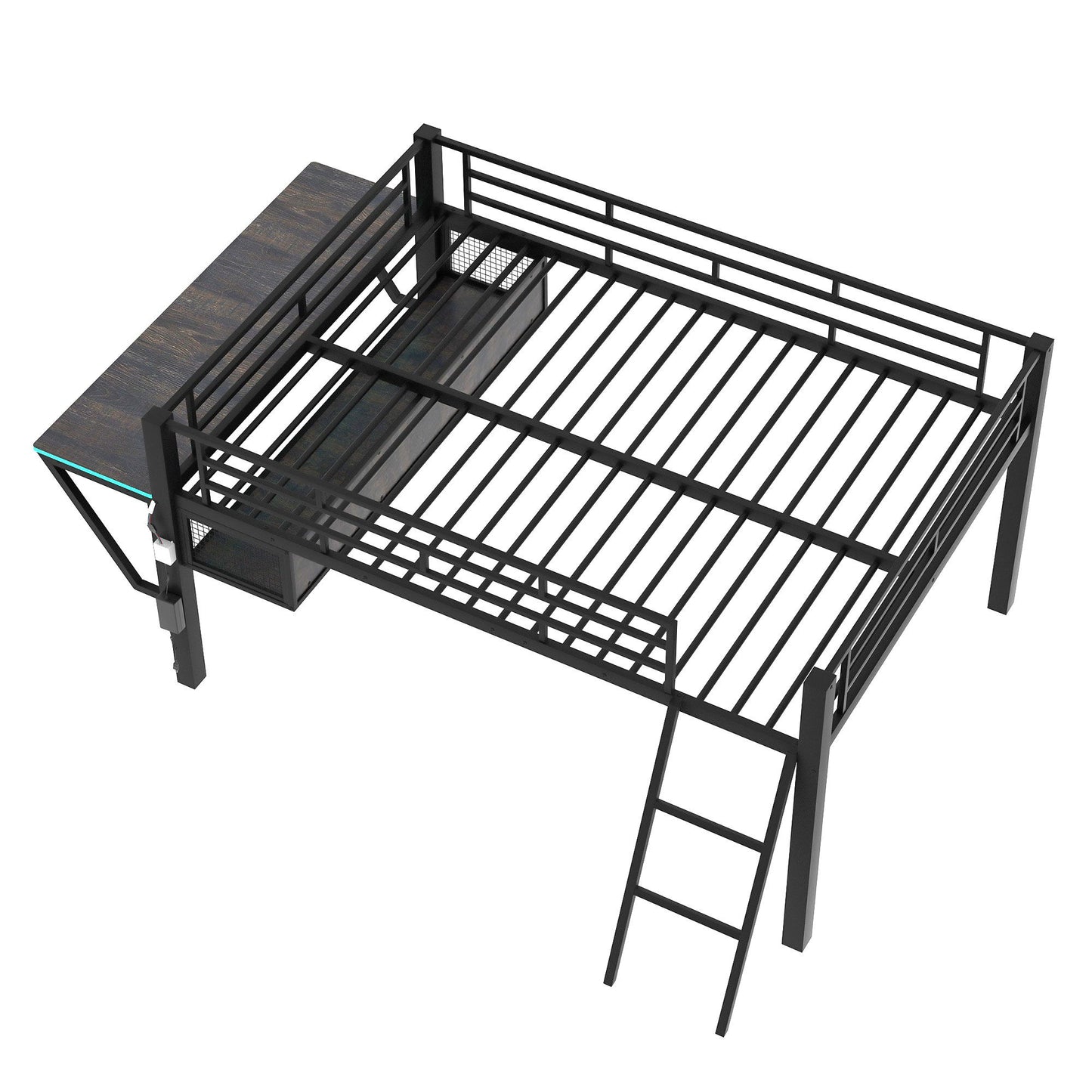 Gaming - Full Size Loft Bed With Desk, LED - Black