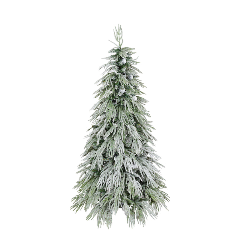 5Ft Pre Lit Spruce Snow Flocked Christmas Tree With LED Lights, Artificial Hinged Xmas Tree - White / Green