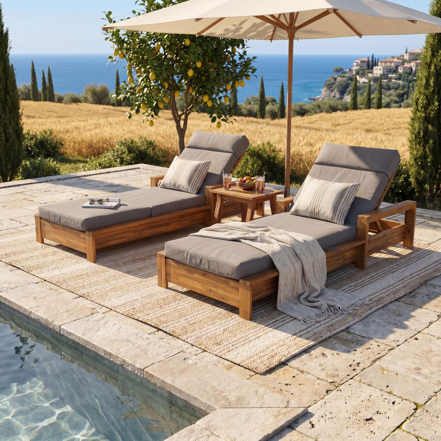Chaise Lounge Set With 4 Fold Cushion And Built In Headrest, 3 Position Adjustable