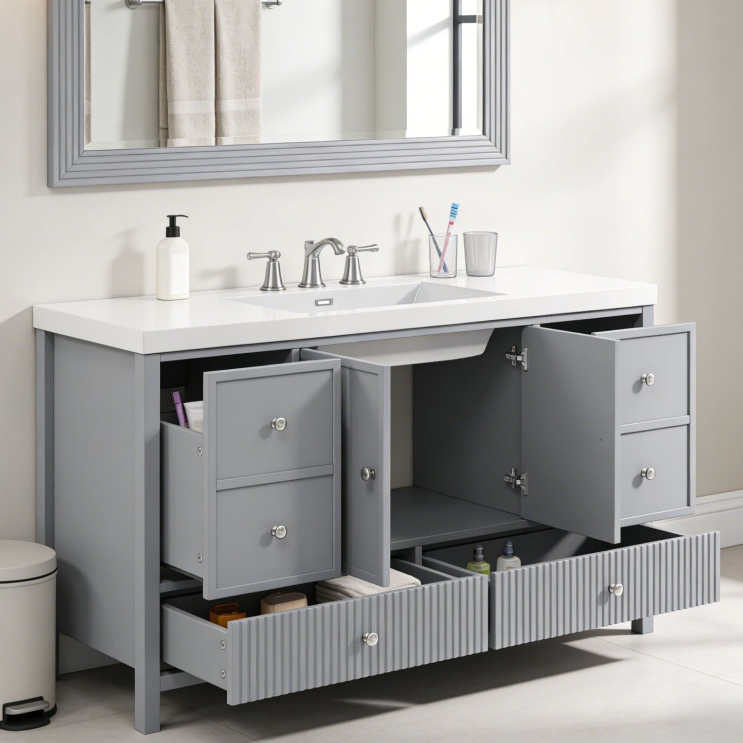 Bathroom Vanity With Separate Sink, Soft Close Doors And 4 Drawers
