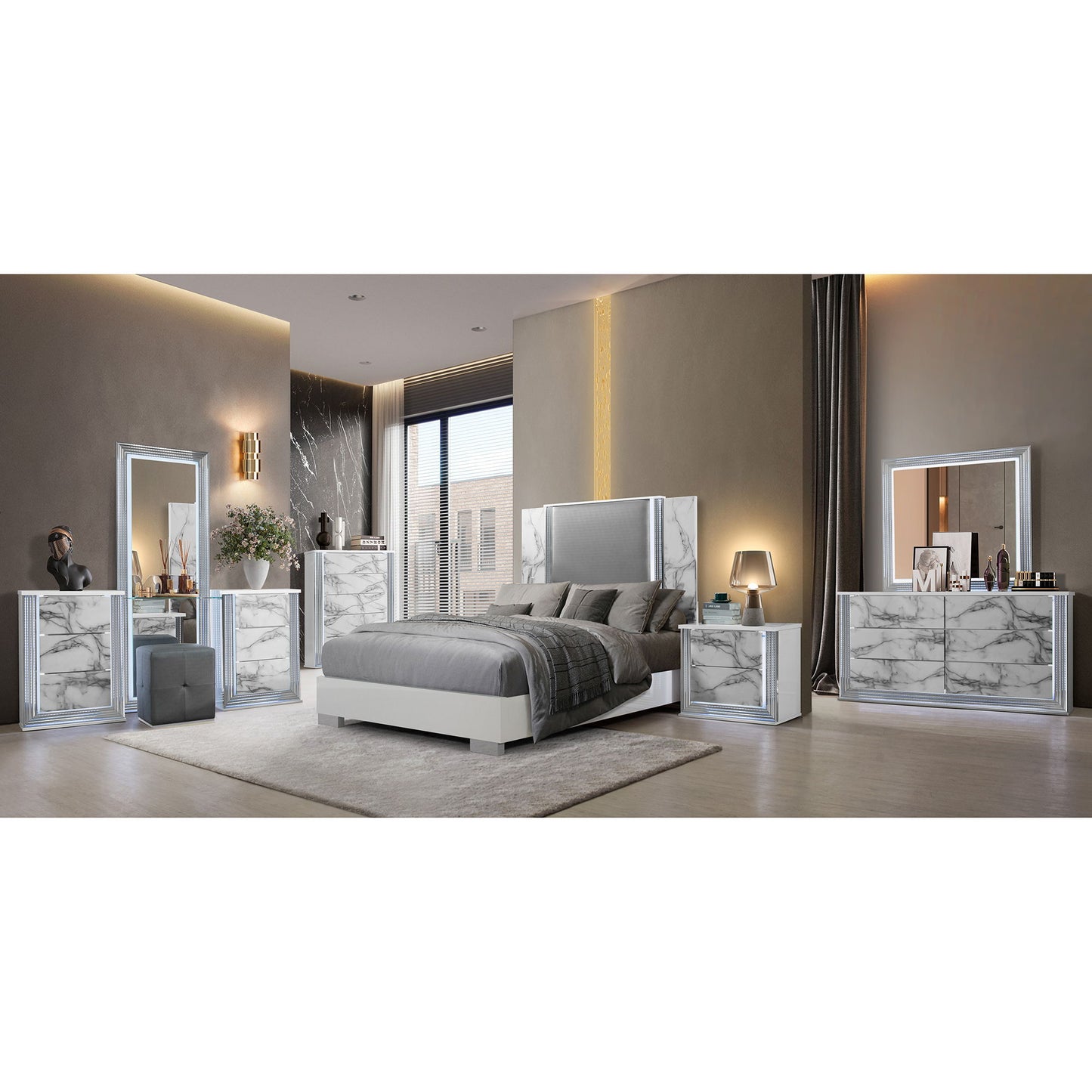 Moon - Marble Nightstand With LED - White