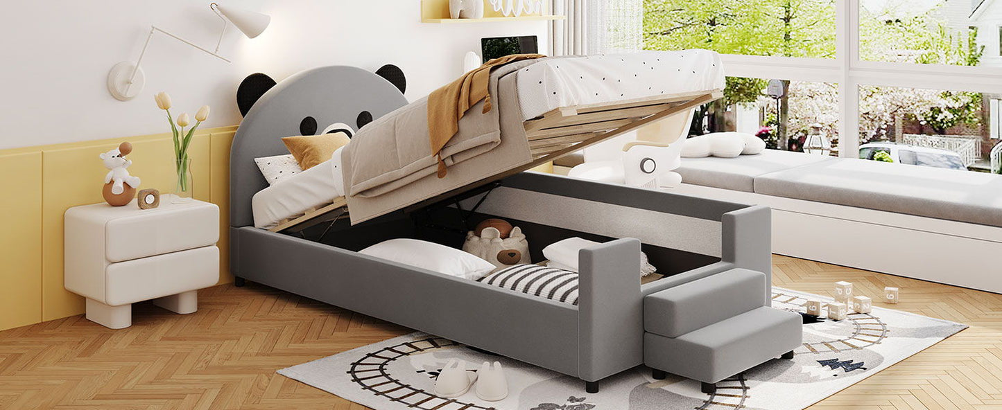 Upholstered Daybed With Bear Shaped Headboard, Hydraulic System And Breathable Fence