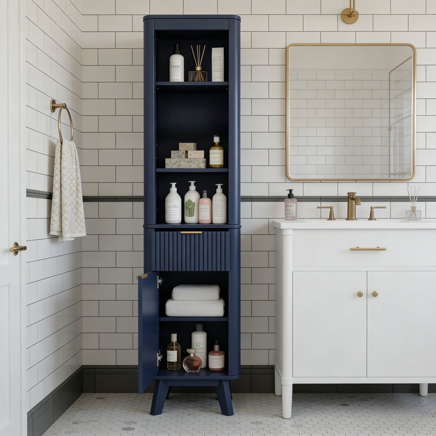 Tall Bathroom Storage Cabinet With Adjustable Shelves And 1 Drawer & Door