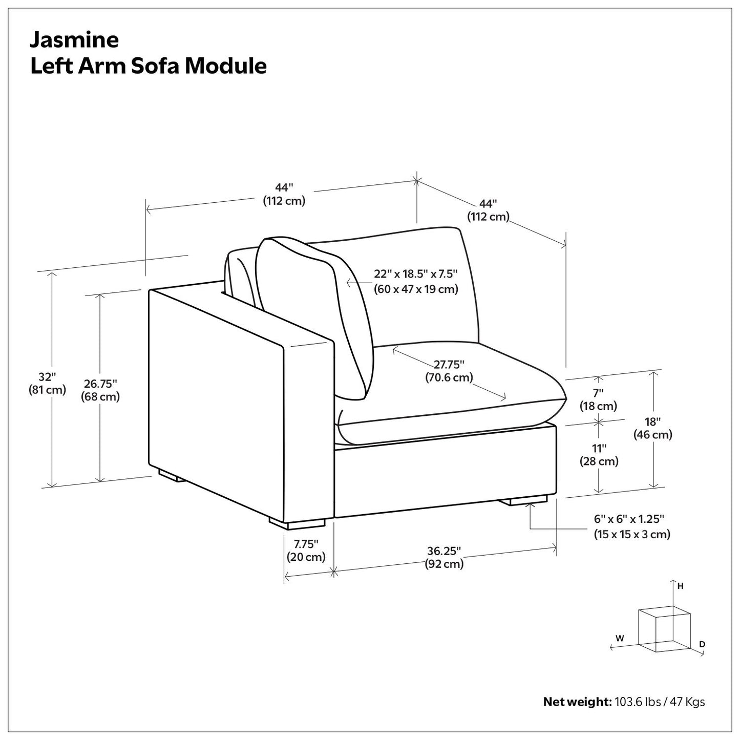 Jasmine - Left Arm Sofa Module - Gray