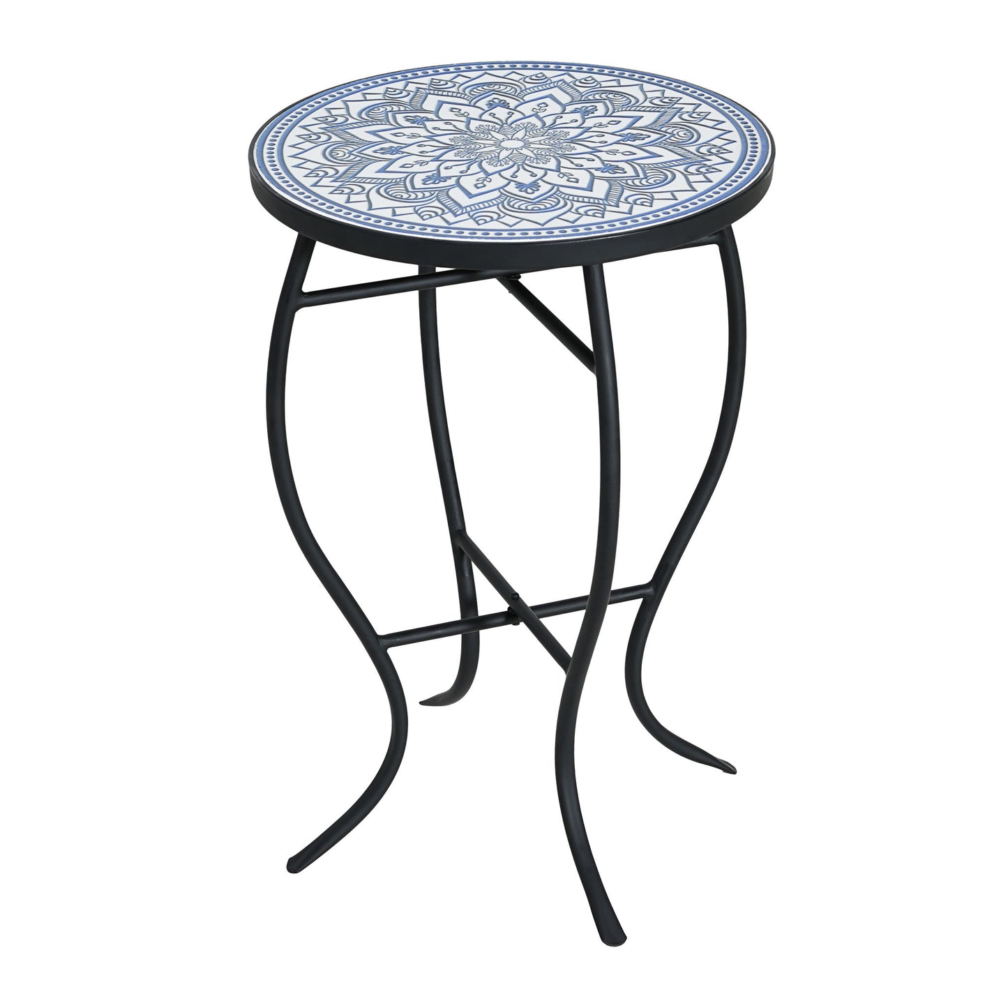 Outdoor Round Side Table With Mosaic Style Top And Curved Iron Legs