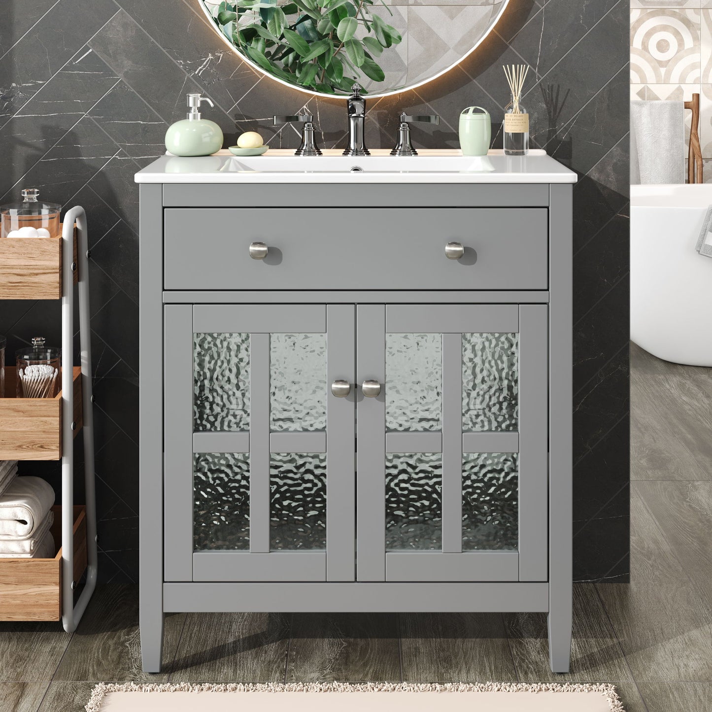 Bathroom Vanity With Ceramic Sink, Adjustable Shelf & Tip Out Tray