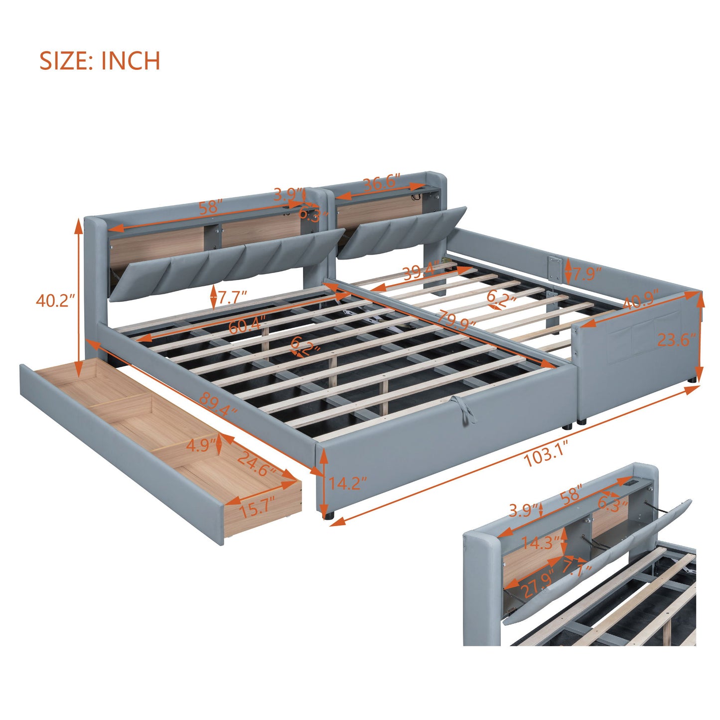 Upholstered Mother & Child Bed With Hydraulic Storage System, Drawer Box, Bedhead Storage Shelf And 2 Pairs Of Sockets & USB Ports