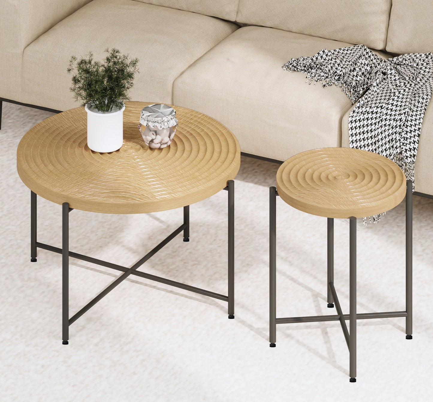 Coffee And End Table Set Waterproof Cover, Distressed Cylindrical Design, Legs Classic Rustic Charm (Set of 2)