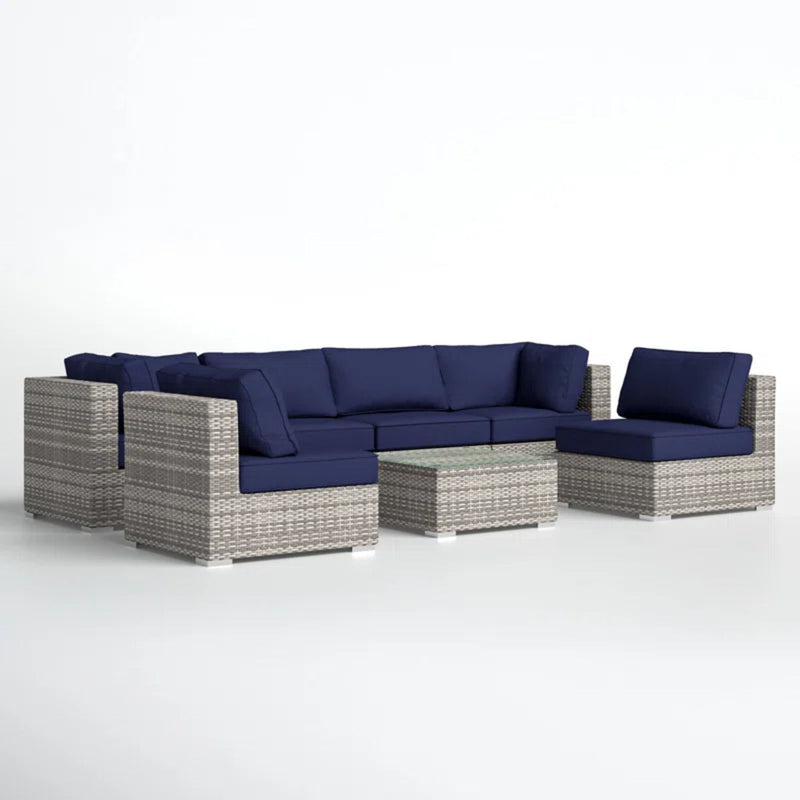 6 Person Patio Set With Premium Cushions And Rattan Wicker Frame - Dark Blue / Gray Mix