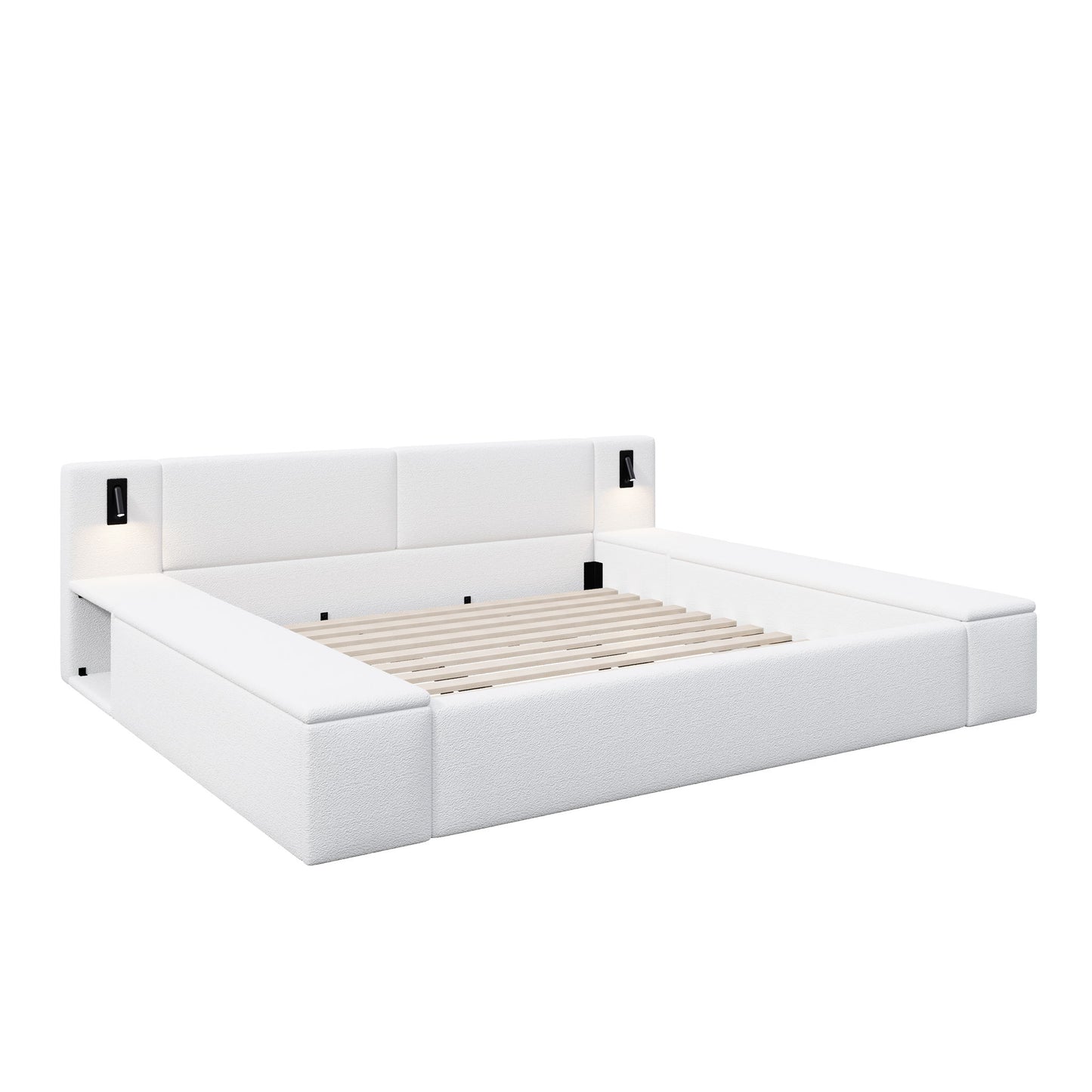 Upholstered Platform Bed Frame With Hidden Storage, Built-In Nightstands & LED Reading Lights