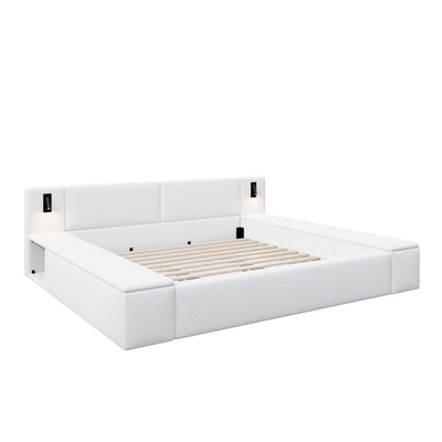 Upholstered Platform Bed Frame With Hidden Storage, Built-In Nightstands & LED Reading Lights