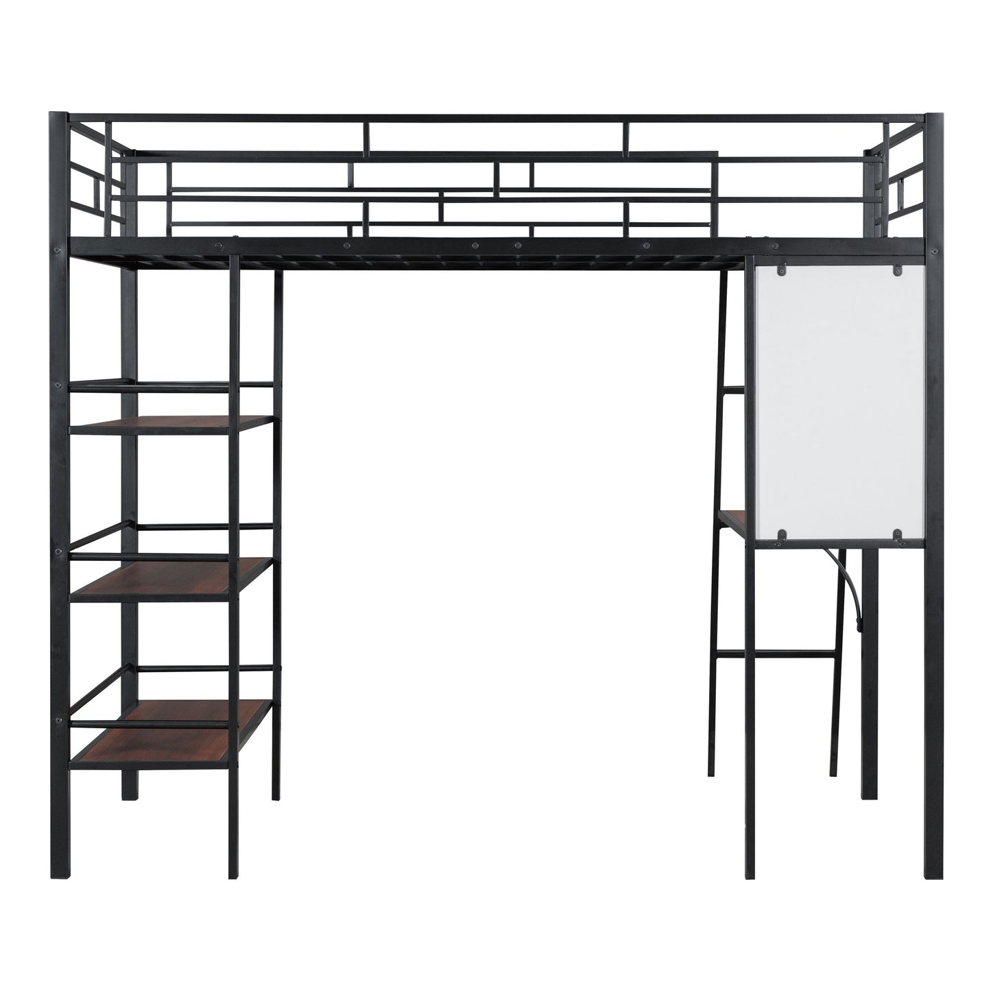 Loft Metal Bed With 3 Layers Of Shelves And Desk, Stylish Metal Frame Bed With board