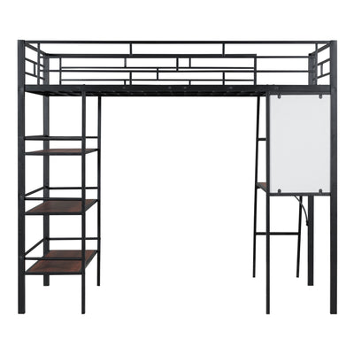 Loft Metal Bed With 3 Layers Of Shelves And Desk, Stylish Metal Frame Bed With board