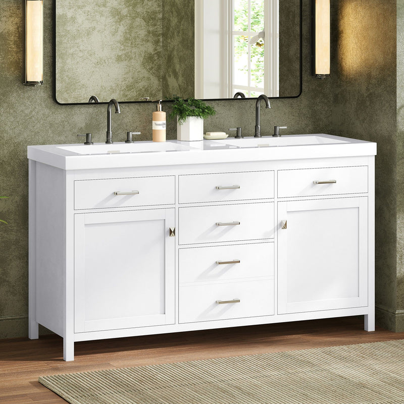 Double Sink Bathroom Vanity With Top, Soft Closing Doors & Drawers, Tip Out Drawer, 2 Cabinet Doors, Adjustable Shelf - White
