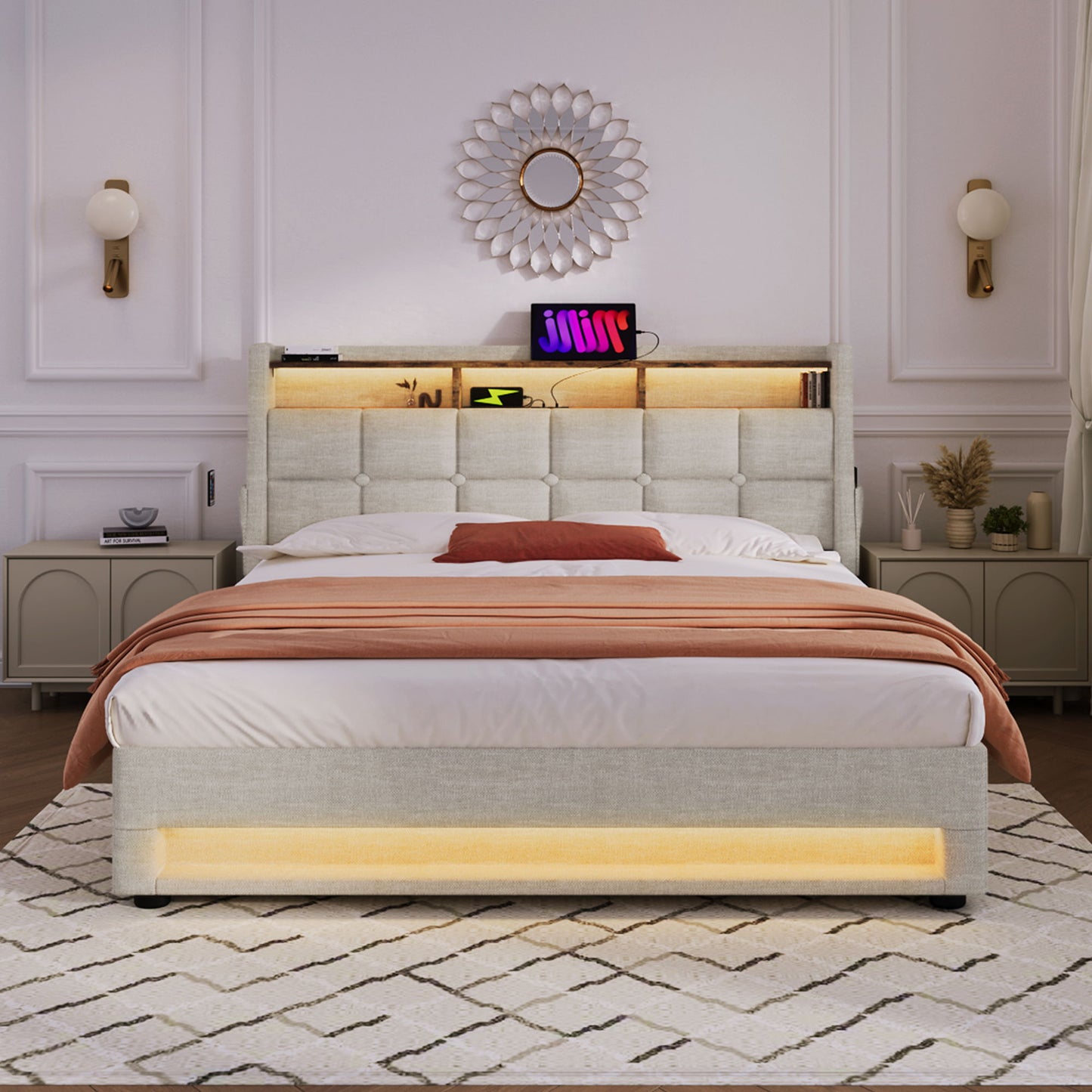 Platform Bed With Hydraulic Storage, LED Lighting & Charging Station
