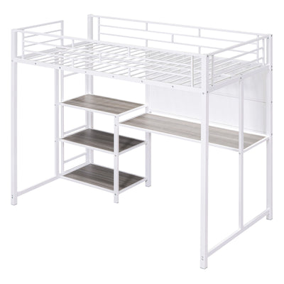 Metal Loft Bed With Desk, 3 Shelves And Ladder