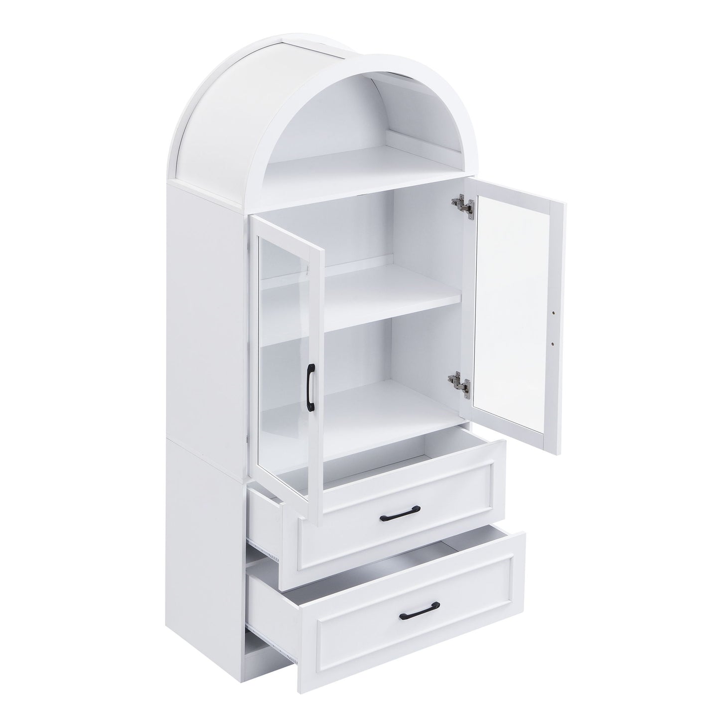 Arched Top Storage Cabinet With Fixed 2 Tier Shelves, 2 Large Drawers