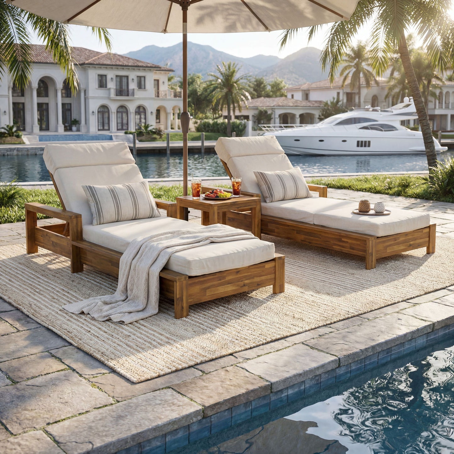 Chaise Lounge Set With 4 Fold Cushion And Built In Headrest, 3 Position Adjustable