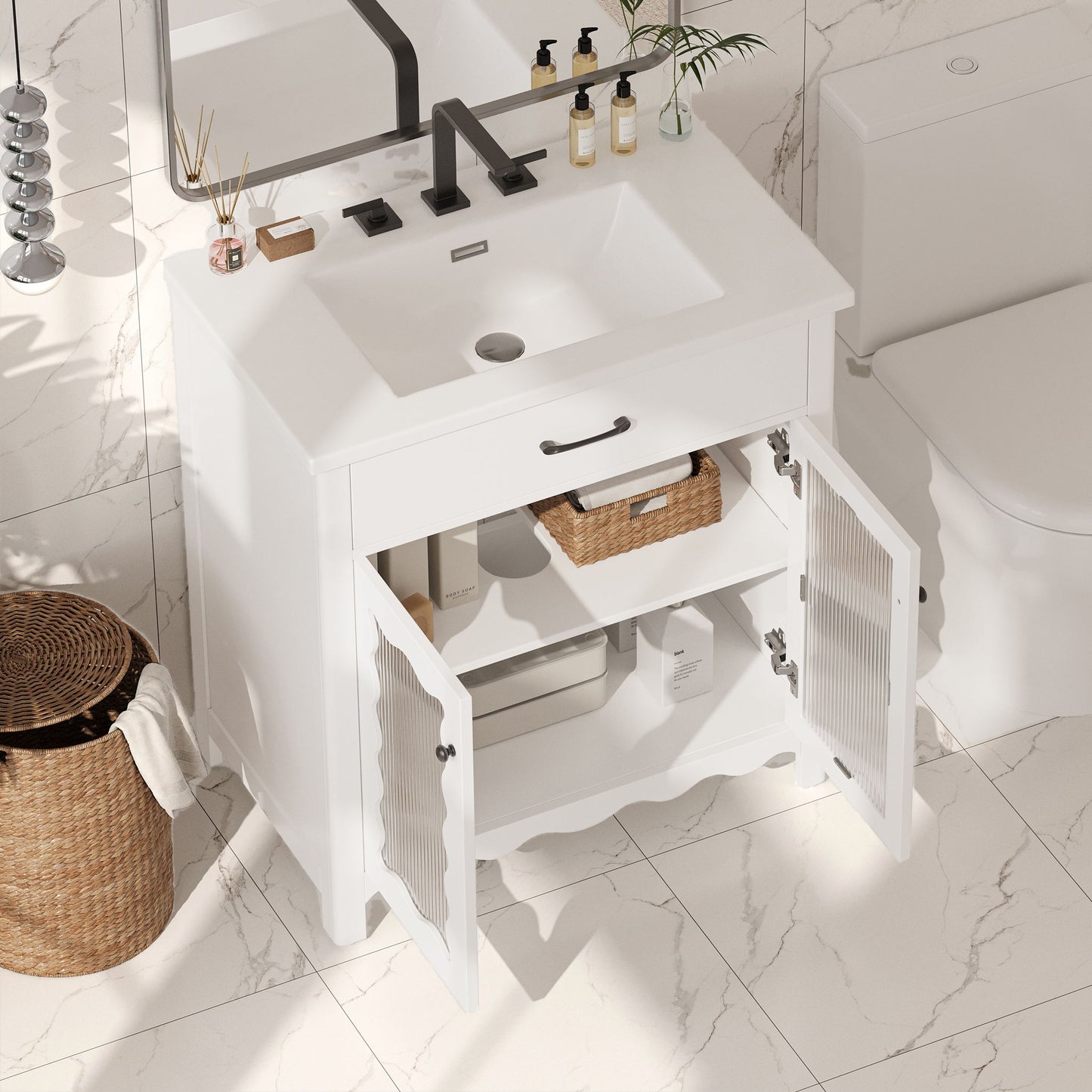Modern Bathroom Vanity With Tempered Glass Doors