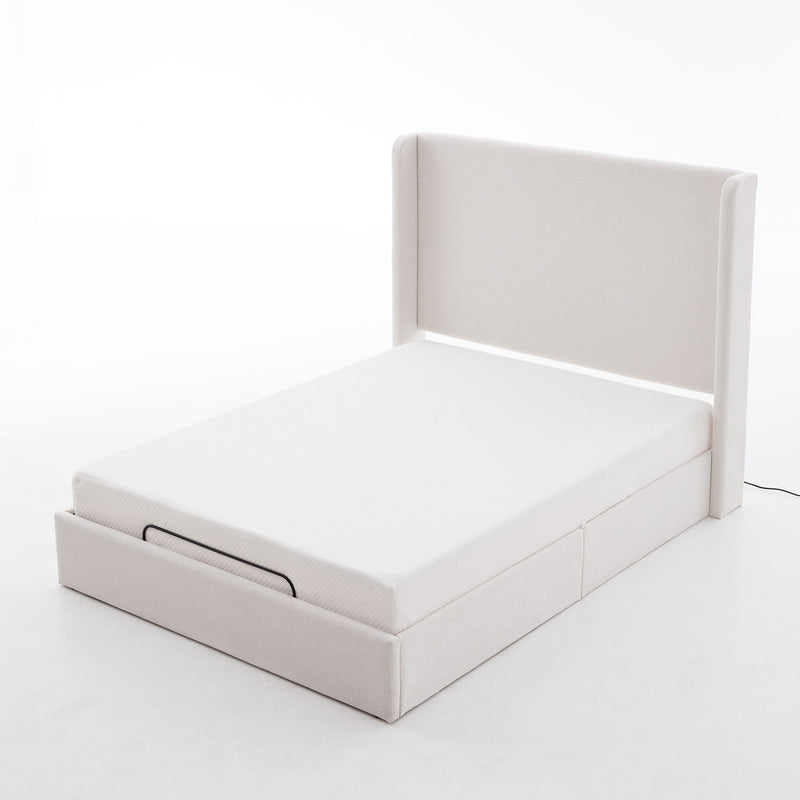 Caron - Queen Size Upholstered Wingback Bed With Adjustable Base Bundle Set - Ivory