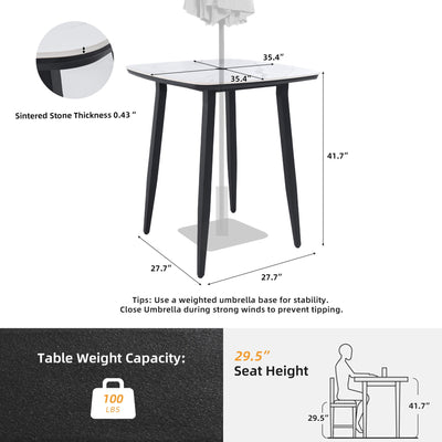 Outdoor Bar Table, Rounded Square Sintered Stone Top With Umbrella Hole, Rust Free Frame, Weatherproof - Ember Black / White