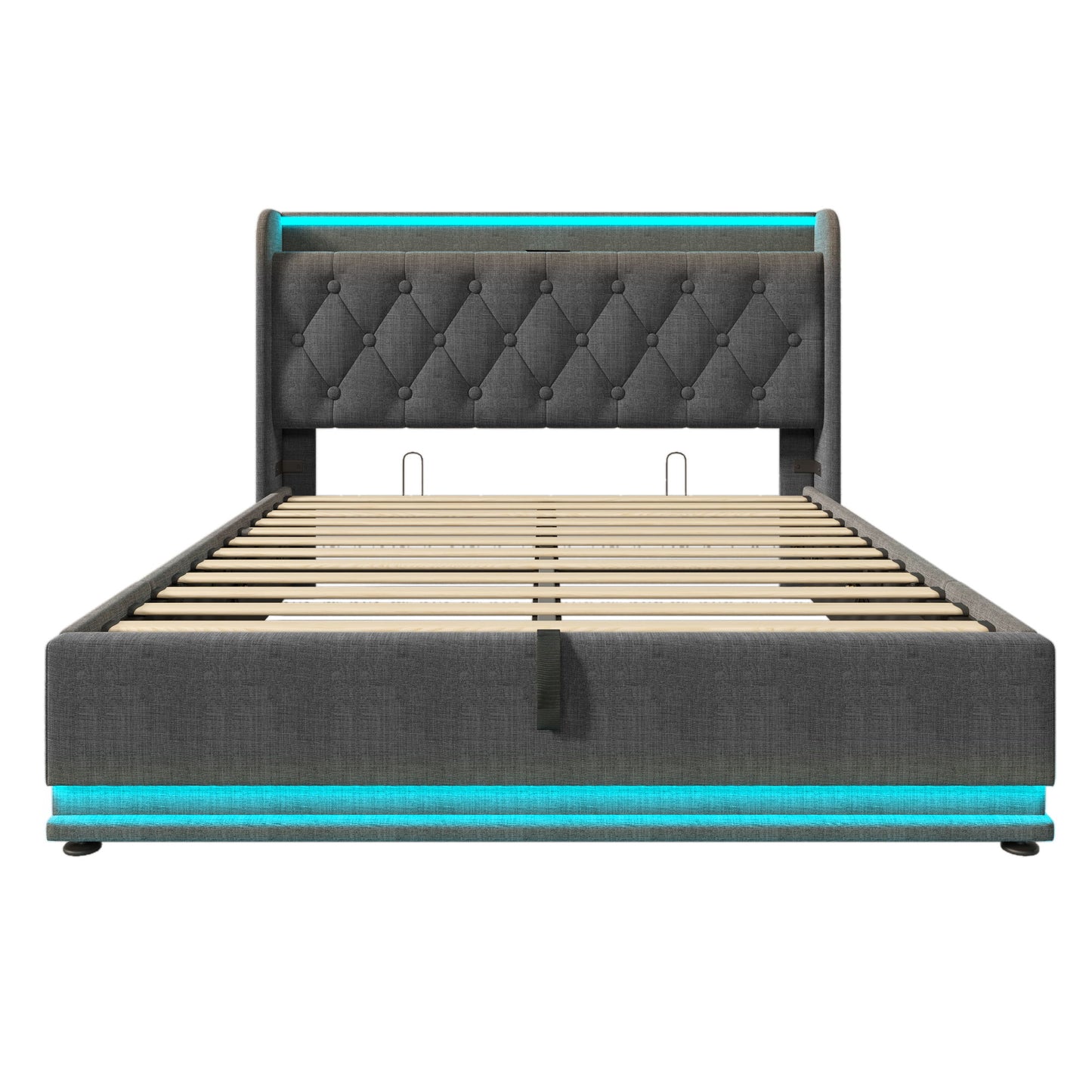 Upholstered Bed, 360 Surround LED Function, Remote Control, Hydraulic Storage Bed With USB, Type-C Charging (Without Mattress)