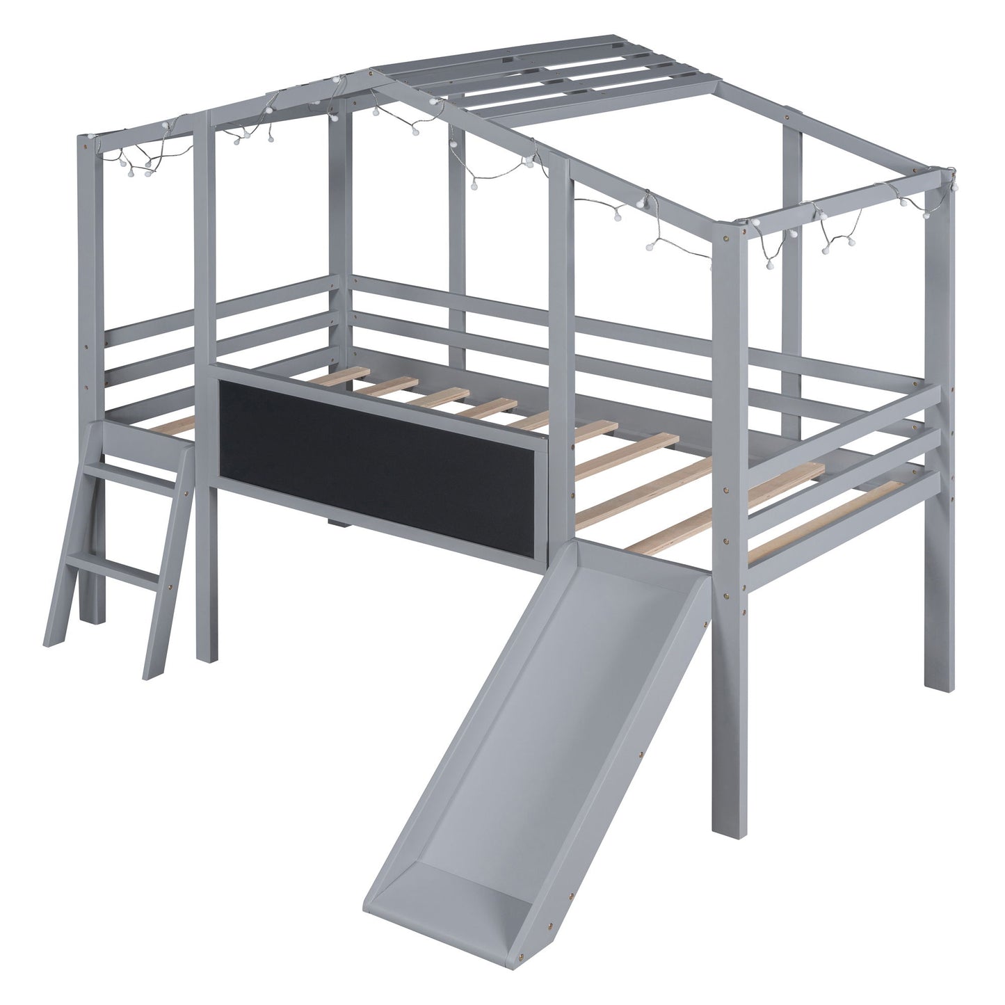 Loft House Bed With Ladder And Slide, With board And Light Strip On The Roof