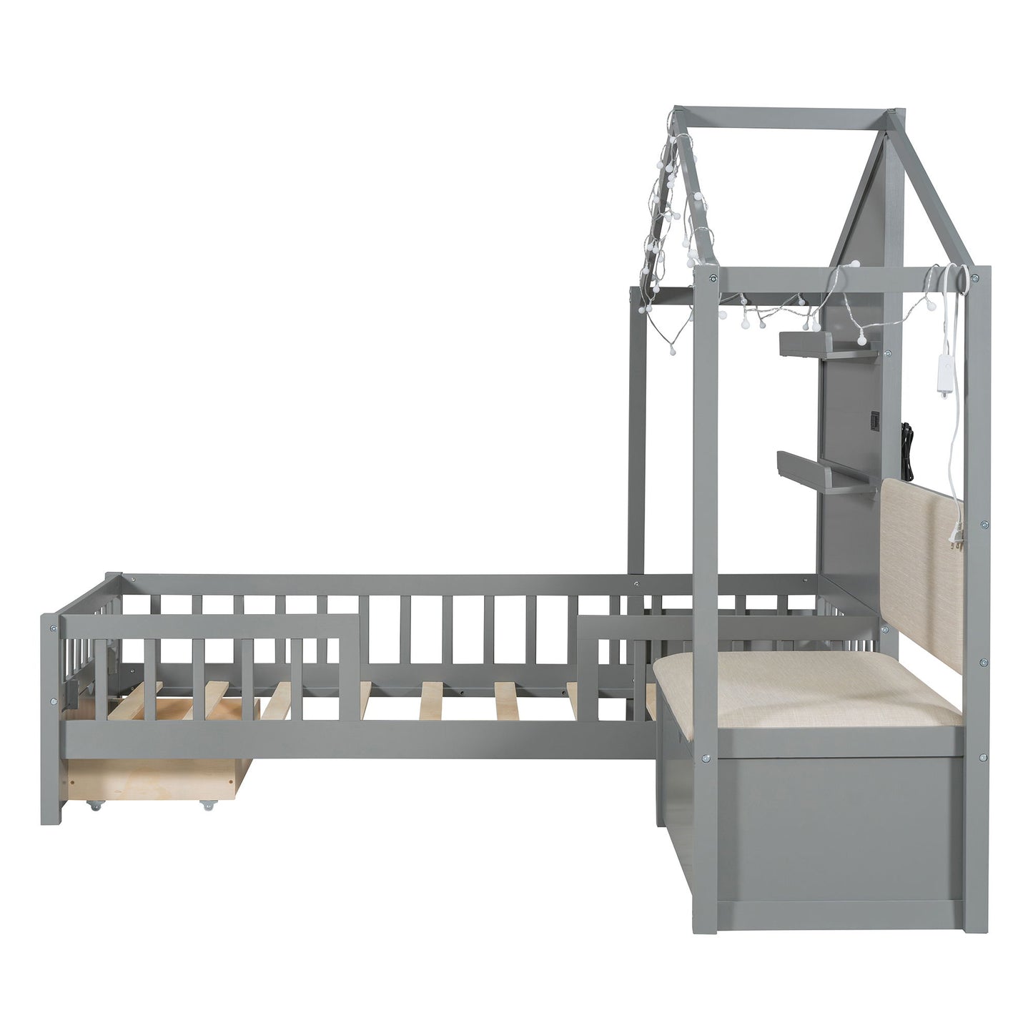 House Bed With Upholstered Sofa, Wireless Charging Station, Shelves And 2 Drawers