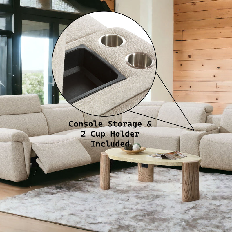 Dayana - Sofá seccional reclinable eléctrico Boucle para 5 personas con consola portavasos y reposacabezas ajustable - Beige