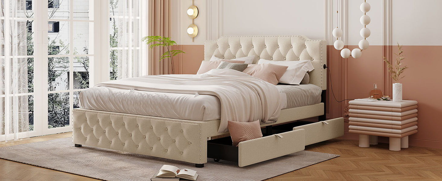 Upholstered Platform Bed With 2 Drawers And 2 Sets Of USB Ports On Each Side, Fabric