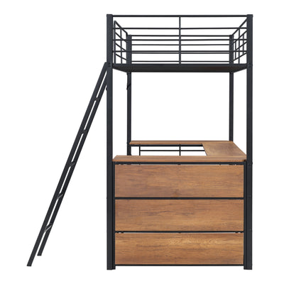Loft Bed & 3 Layers Of Shelves And L-Shaped Desk
