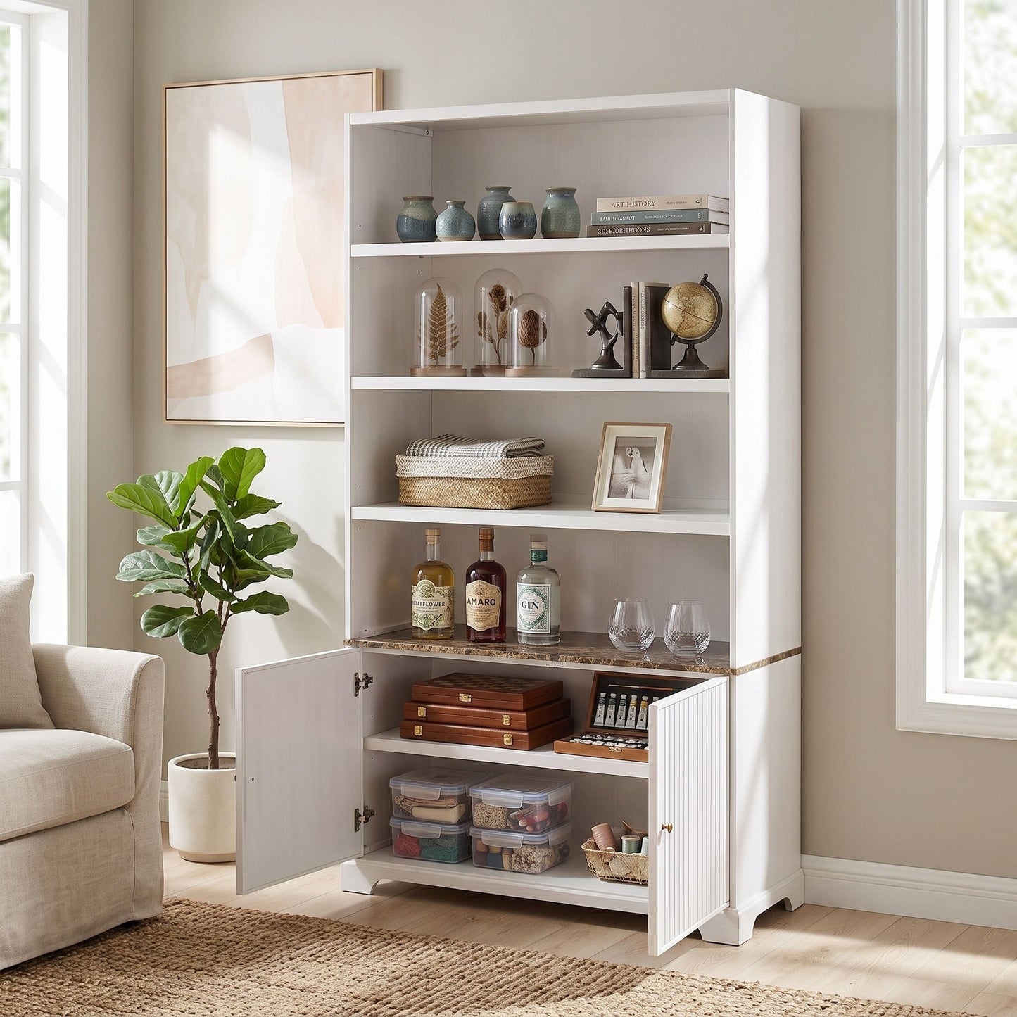Tall Bookcase Storage Cabinet With 3 Open Shelves & Fluted Double Doors