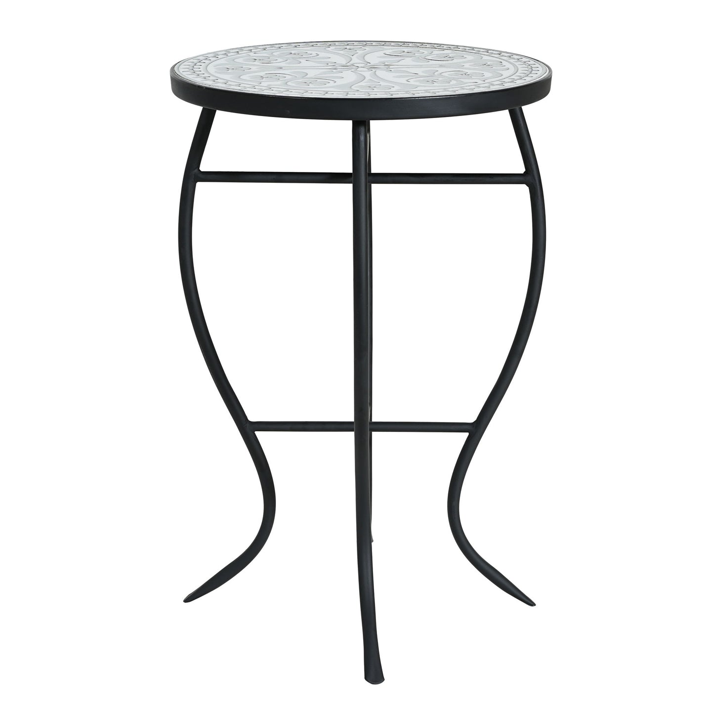 Outdoor Round Side Table With Mosaic Style Top And Curved Iron Legs
