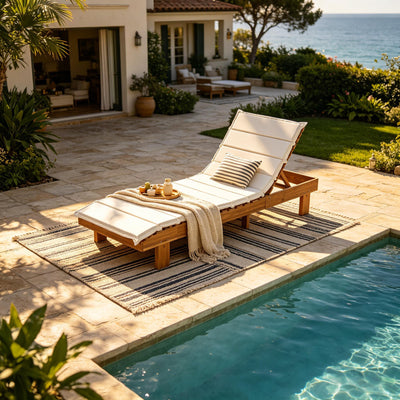 Chaise Lounge With Multi Fold Cushion, 3 Position Adjustable Backrest For Patio - Beige / Teak