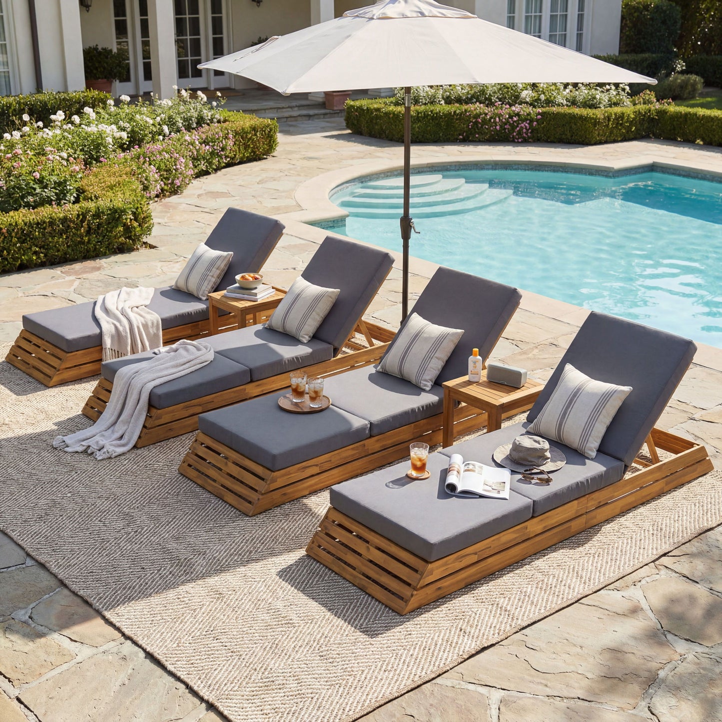 Chaise Lounge Set With Cream 3 Fold Cushion, 3 Position Adjustable Backrest