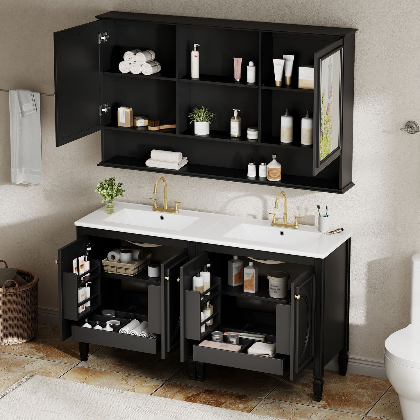 Double Sink Bathroom Vanity Set With Wall Mount Mirror Cabinet