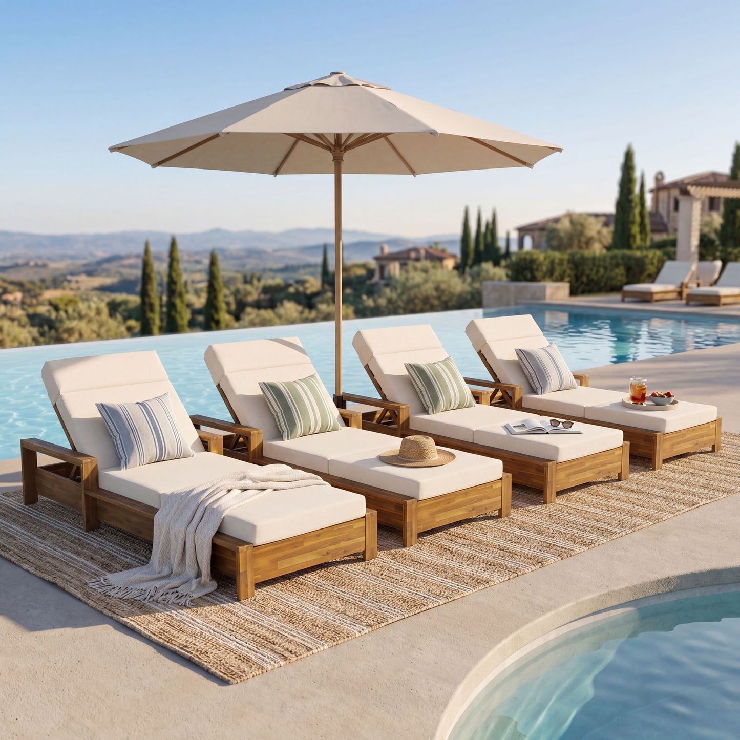 Chaise Lounge Set With 4 Fold Cushion And Built In Headrest, 3 Position Adjustable, For Patio Pool - Cream / Teak