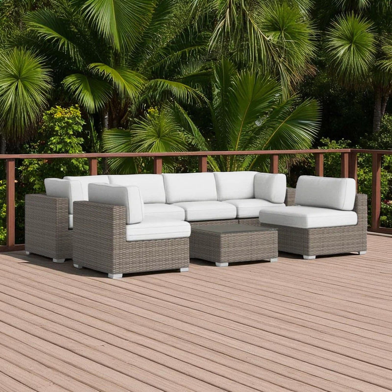 6 Person All Weather Wicker Patio Set With Premium Cushions - Gray Mix