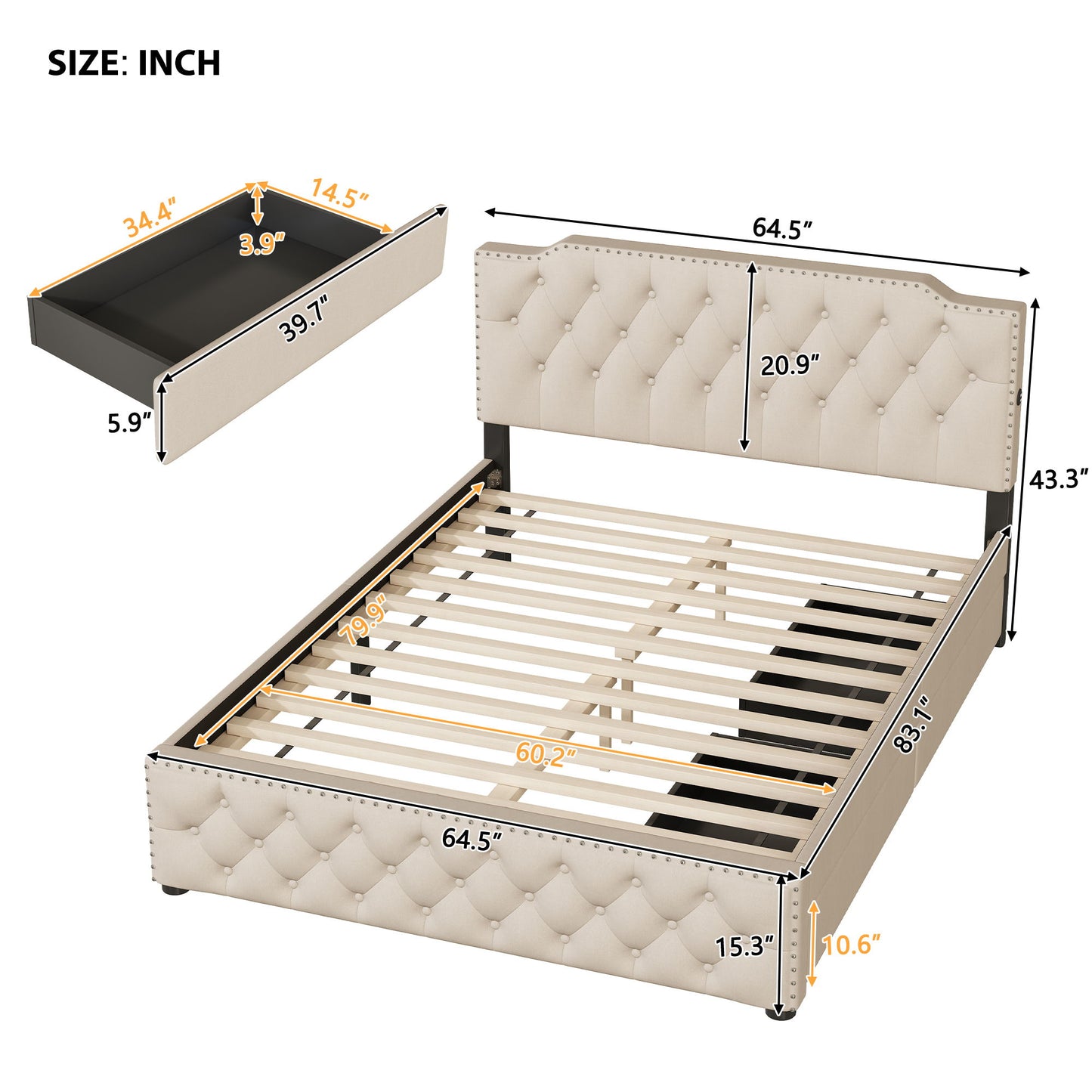 Upholstered Platform Bed With 2 Drawers And 2 Sets Of USB Ports On Each Side, Fabric