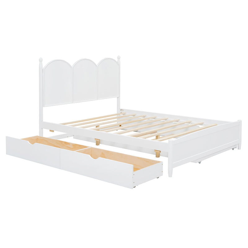 Queen Size Platform Bed With With 2 Big Drawers, Twin Long Size Trundle - White