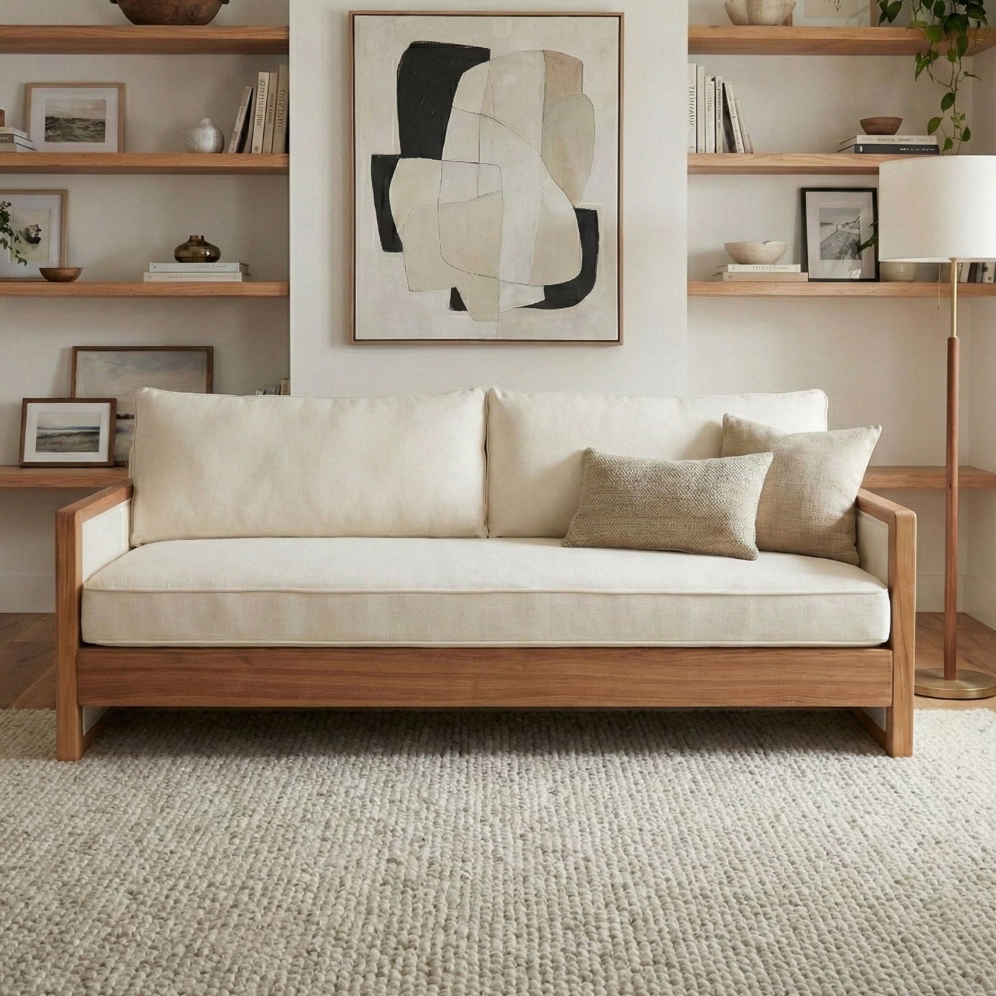 Modern 3 Seater Sofa With Wood Armrests