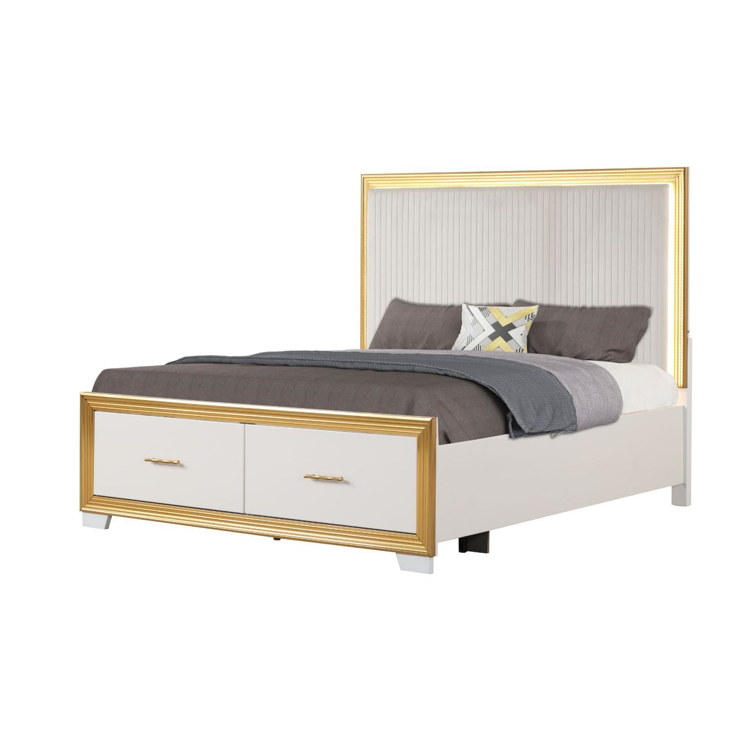 Obsession - Queen Size Bed With LED Headboard And Footboard Storage Drawer - White
