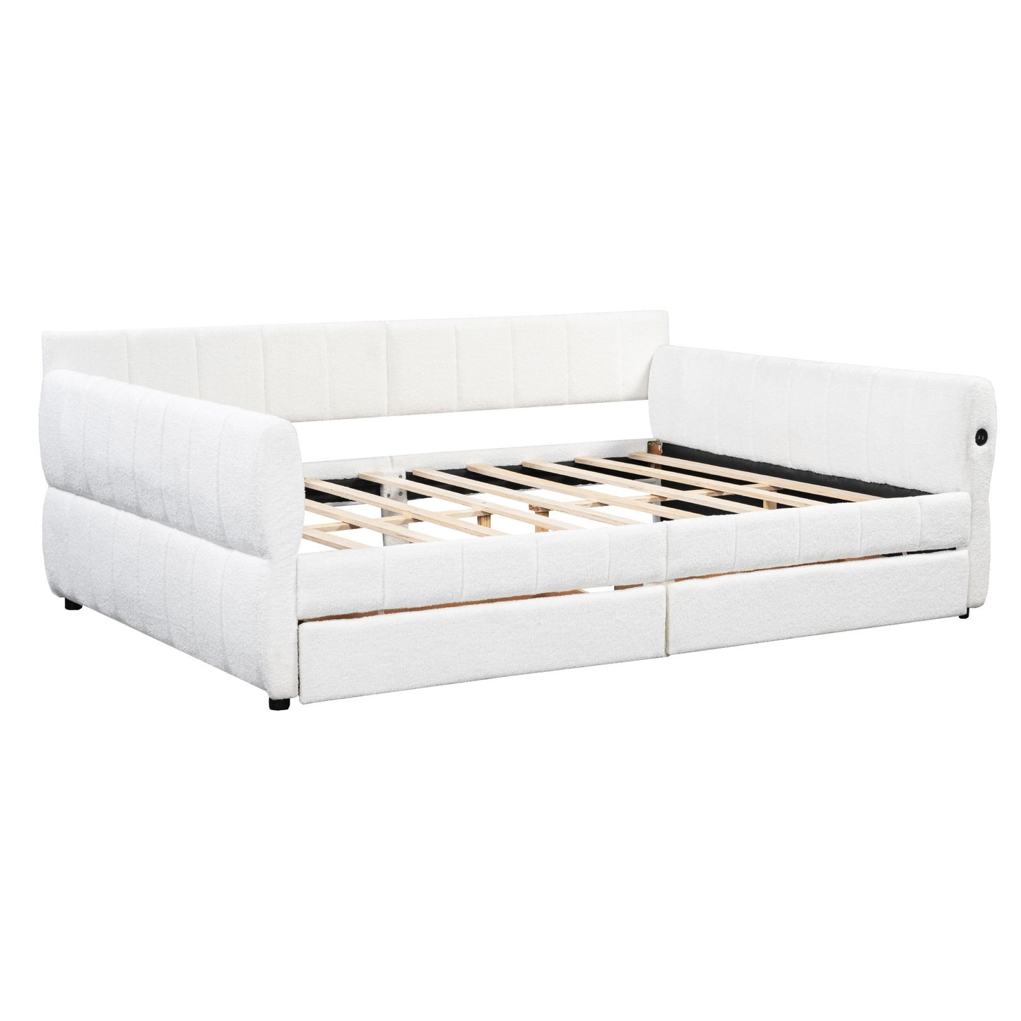 Queen Upholstered Platform Bed With USB Charging And 2 Storage Drawers - White