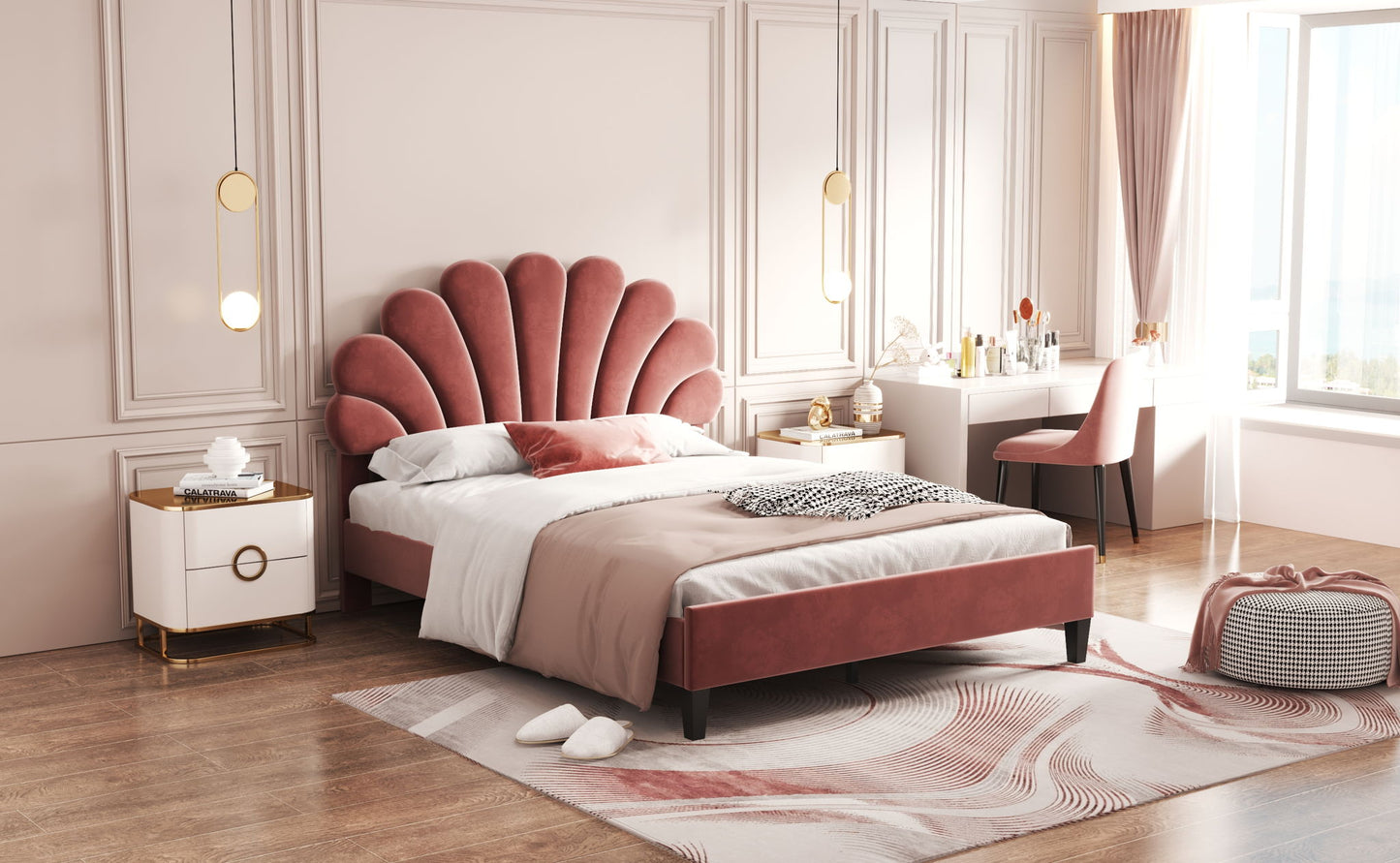 Upholstered Platform Bed With Flower Pattern Headboard