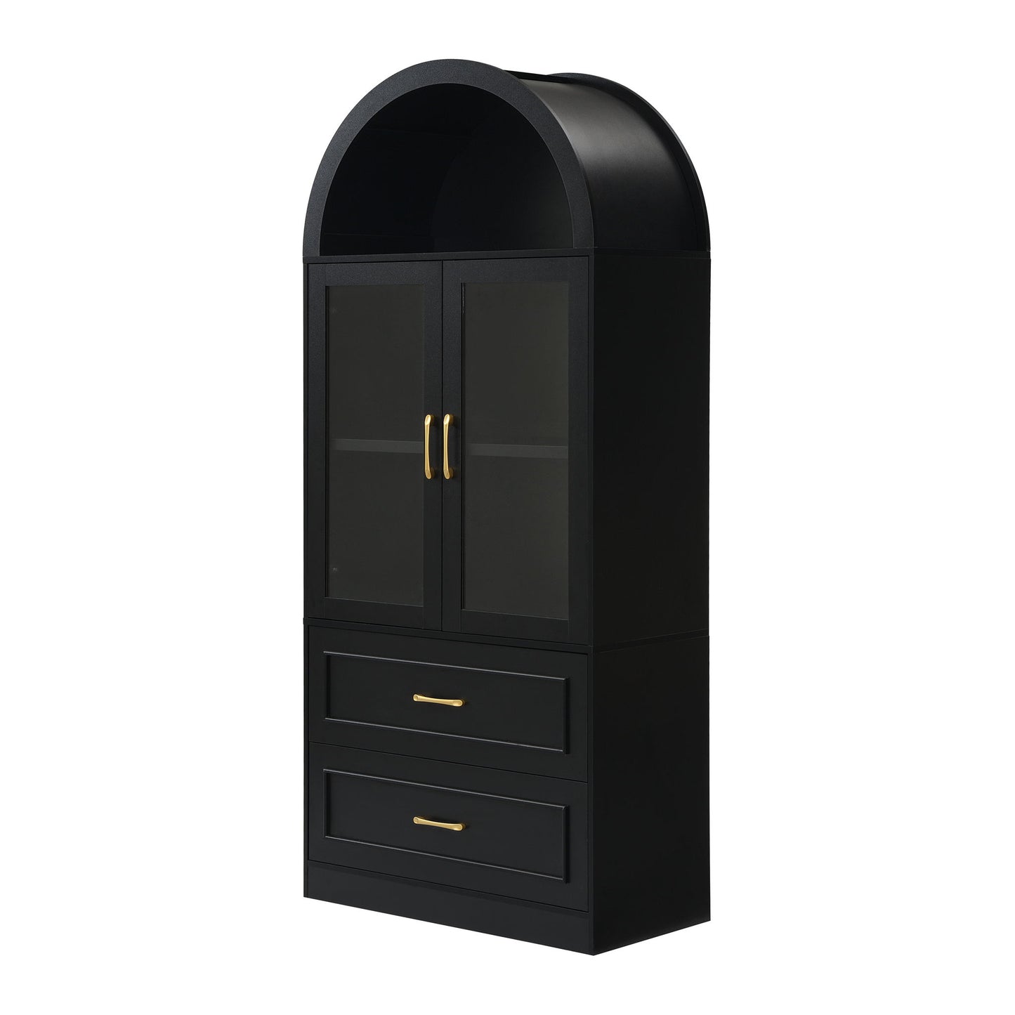 Arched Top Storage Cabinet With Fixed 2 Tier Shelves, 2 Large Drawers