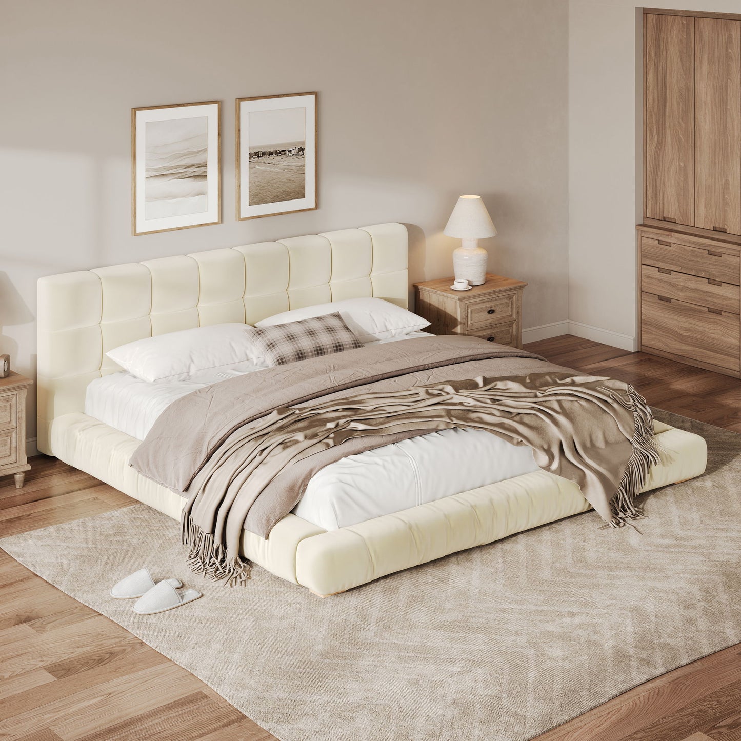 Upholstered Platform Bed Frame With Tufted Headboard