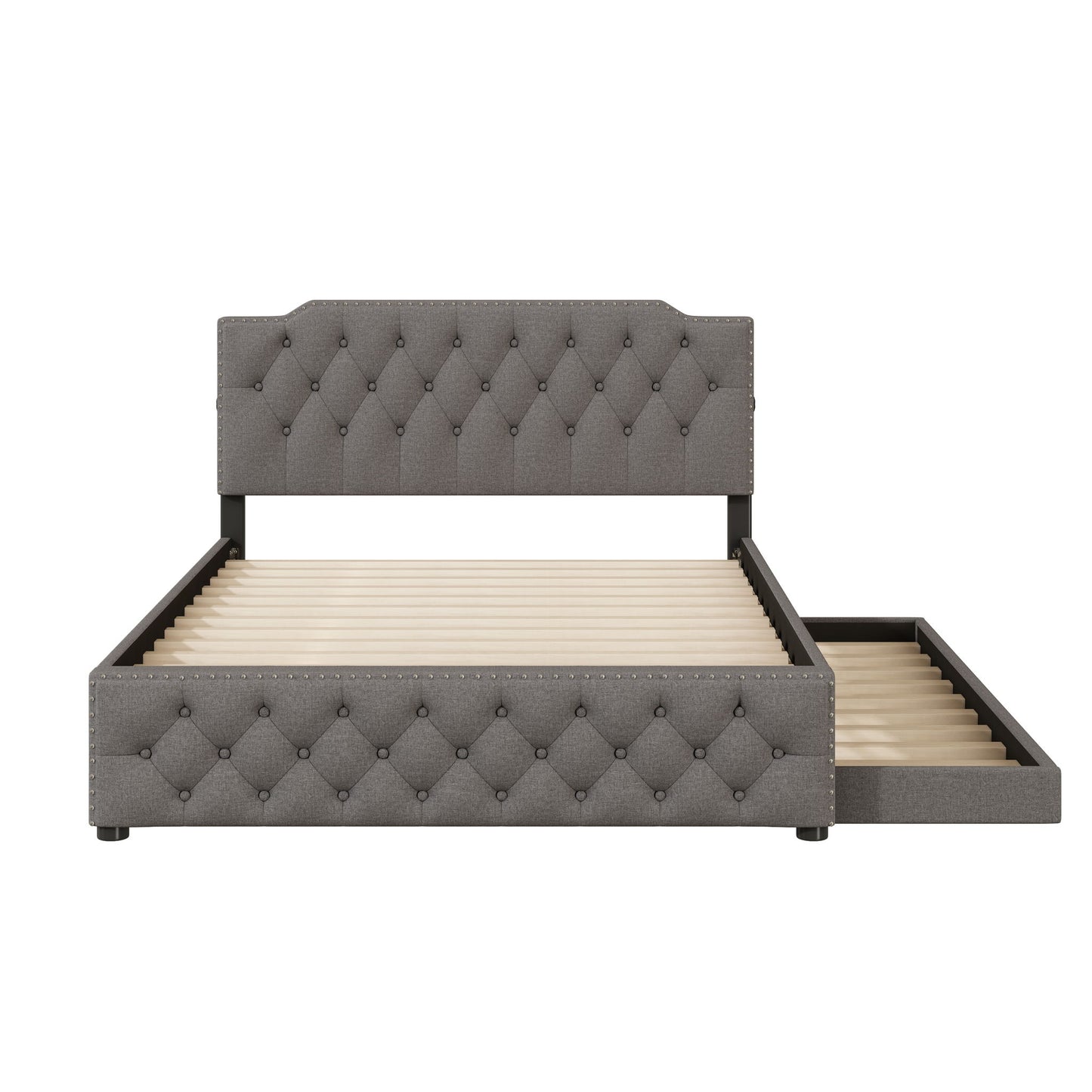 Upholstered Platform Bed With Trundle And 2 Sets Of USB Ports On Each Side, Fabric