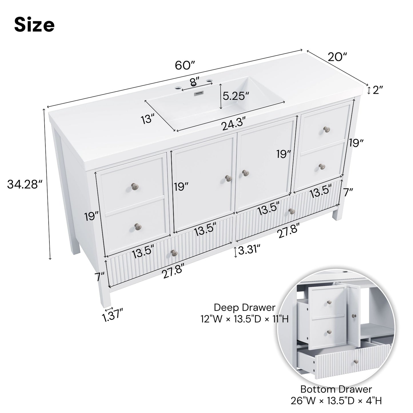 Bathroom Vanity With Separate Sink, Soft Close Doors And 4 Drawers