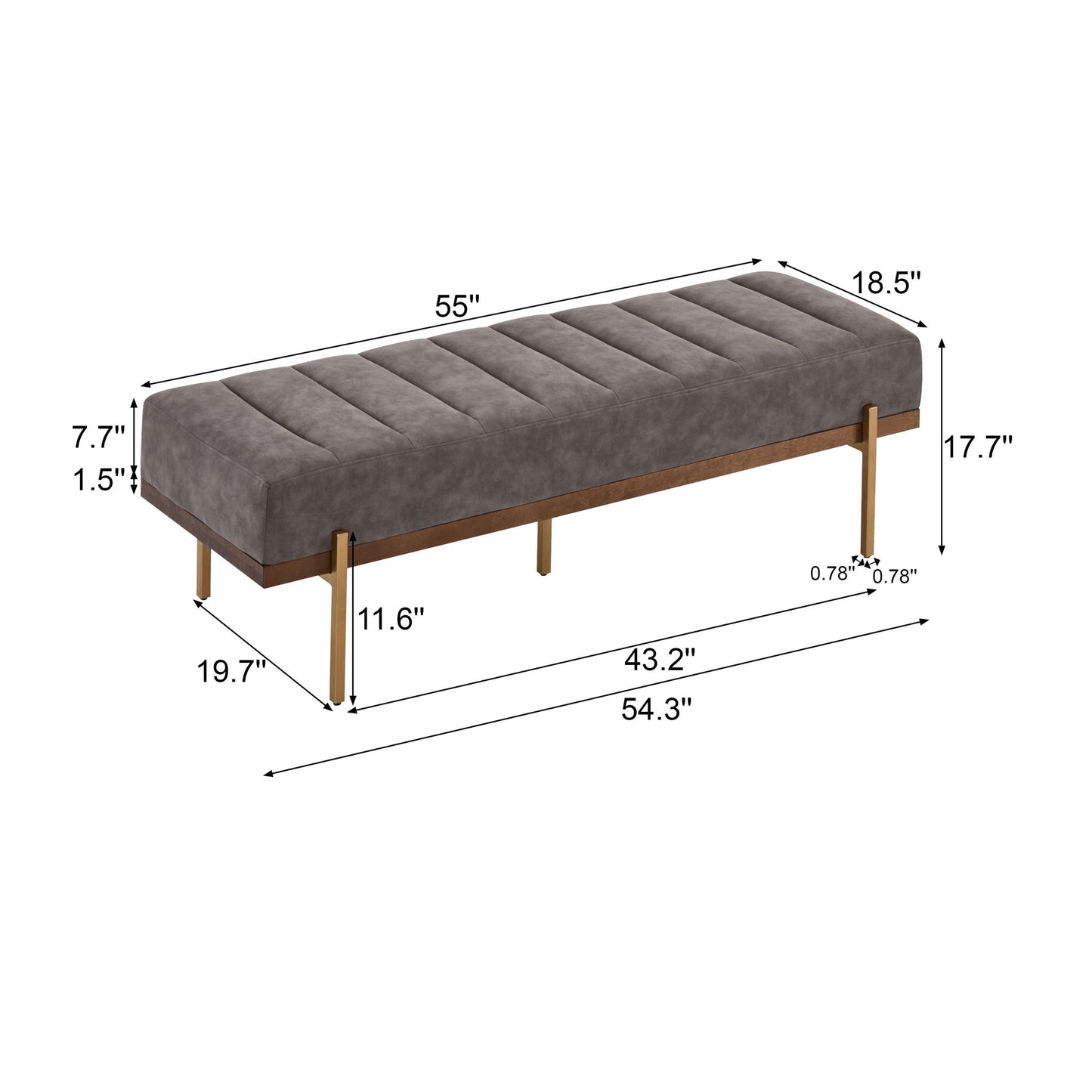 Thorian - Luxury Upholstered Ottoman Bench With Channel Tufting And Metal Base - Gold / Gray