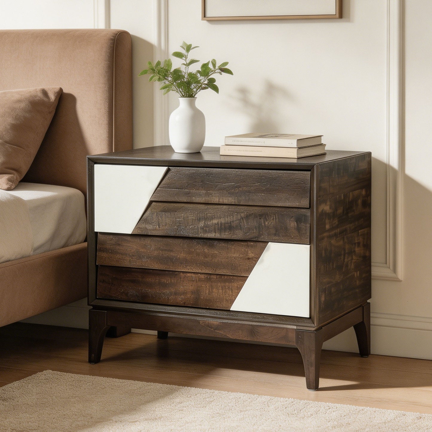 Japandi 2 Drawer Nightstand With Geometric Design